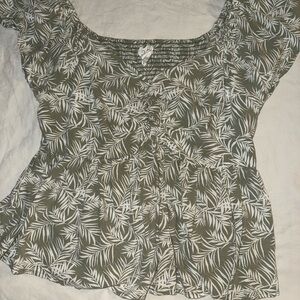 Olive and White Leaf Print Blouse